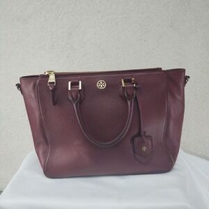Tory Burch Tote Bag Womens Maroon Pebbled Leather Double Zip Satchel Purse